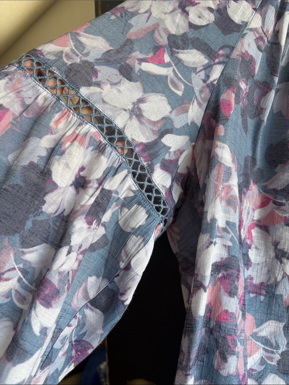 Floral V-Neck Peasant Blouse in Blue and Pink - Picture 2 of 4